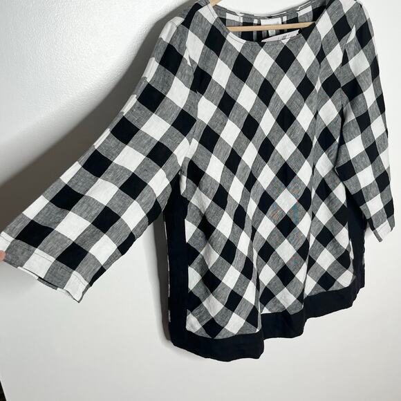J. Jill Love Linen Pullover Top Womens Large Black Gingham Check 3/4 Sleeve - Picture 4 of 12